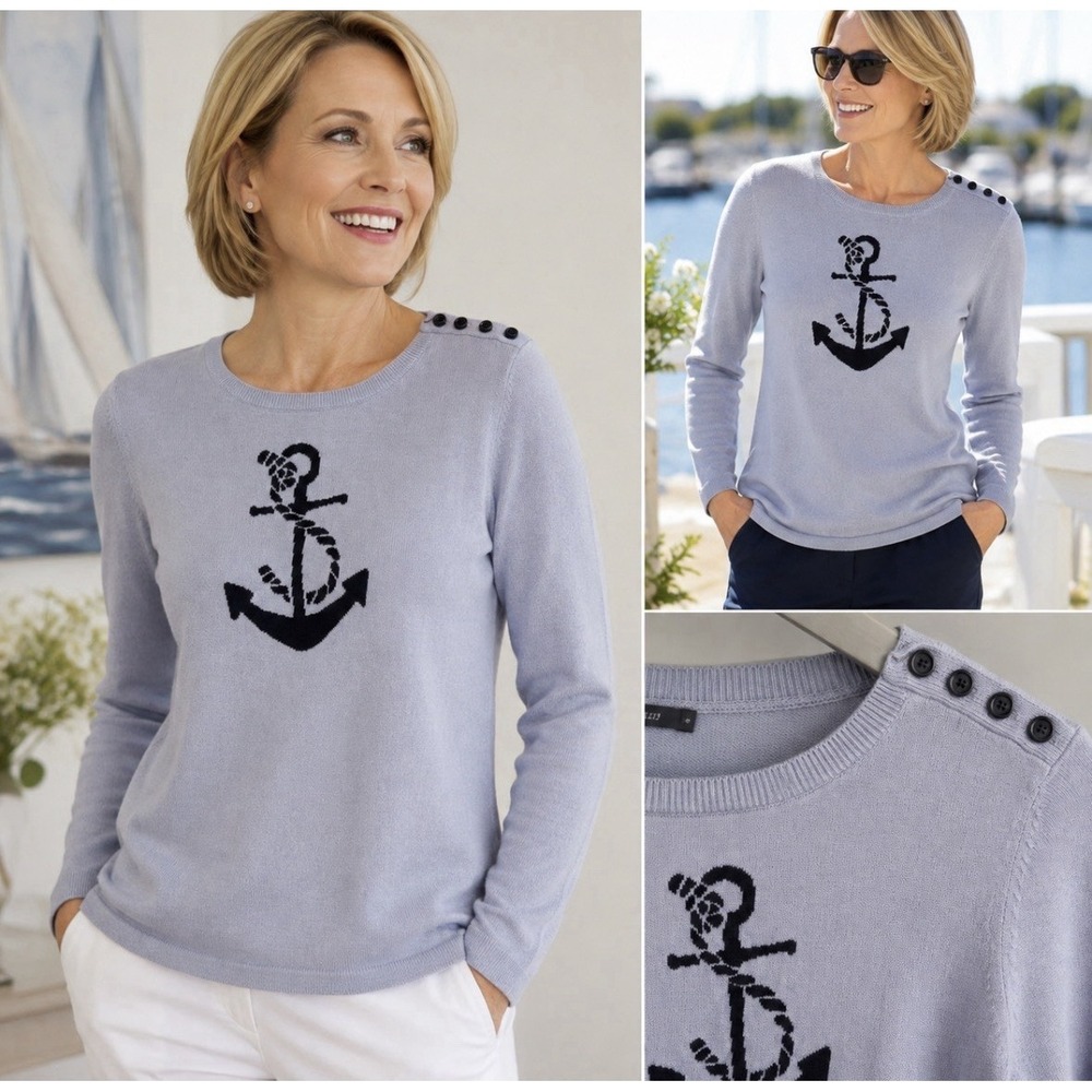 Talbots Women's Sweater Sz Medium Nautical Anchor Long Sleeve Purple